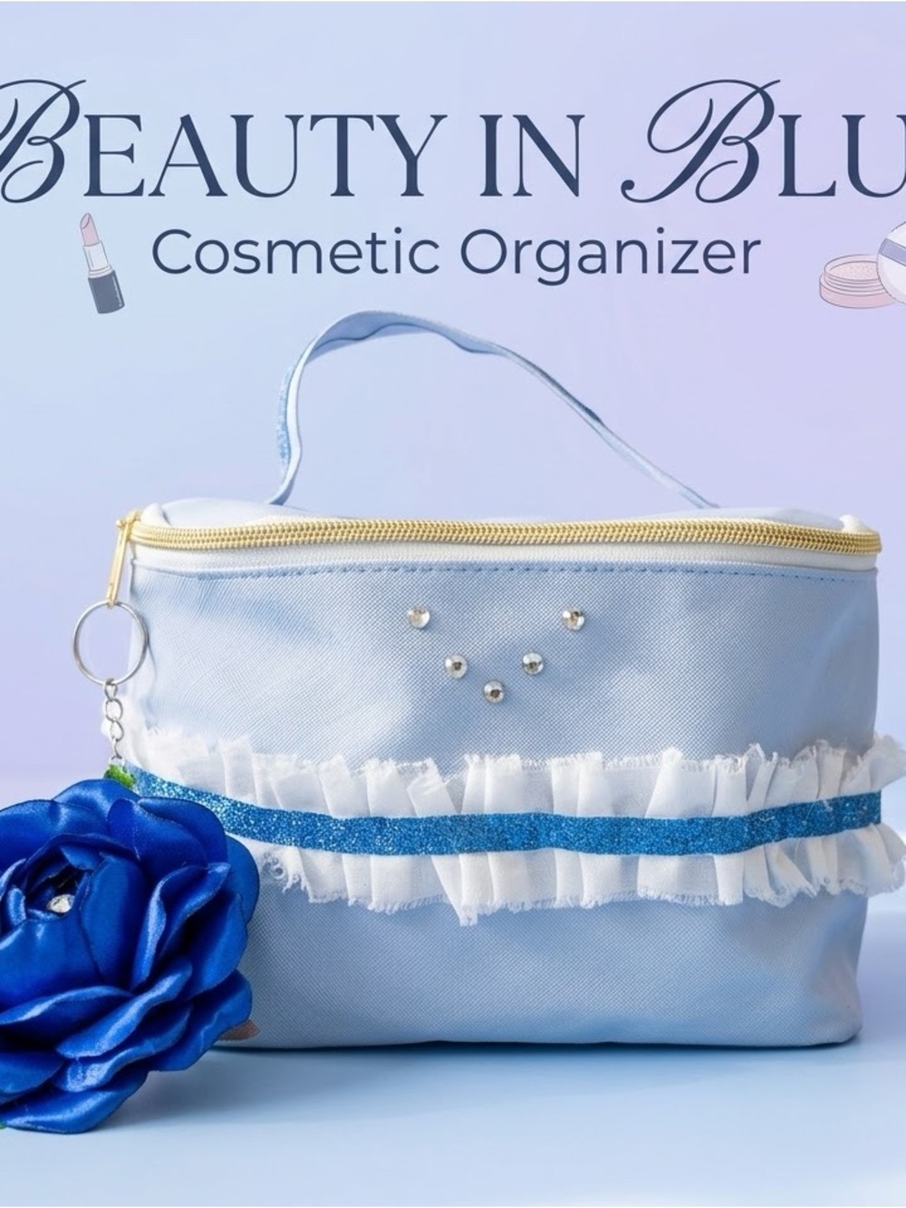 Beauty in Blue Light Blue Cosmetic Organizer Bag with Ruffle and Rhinestones